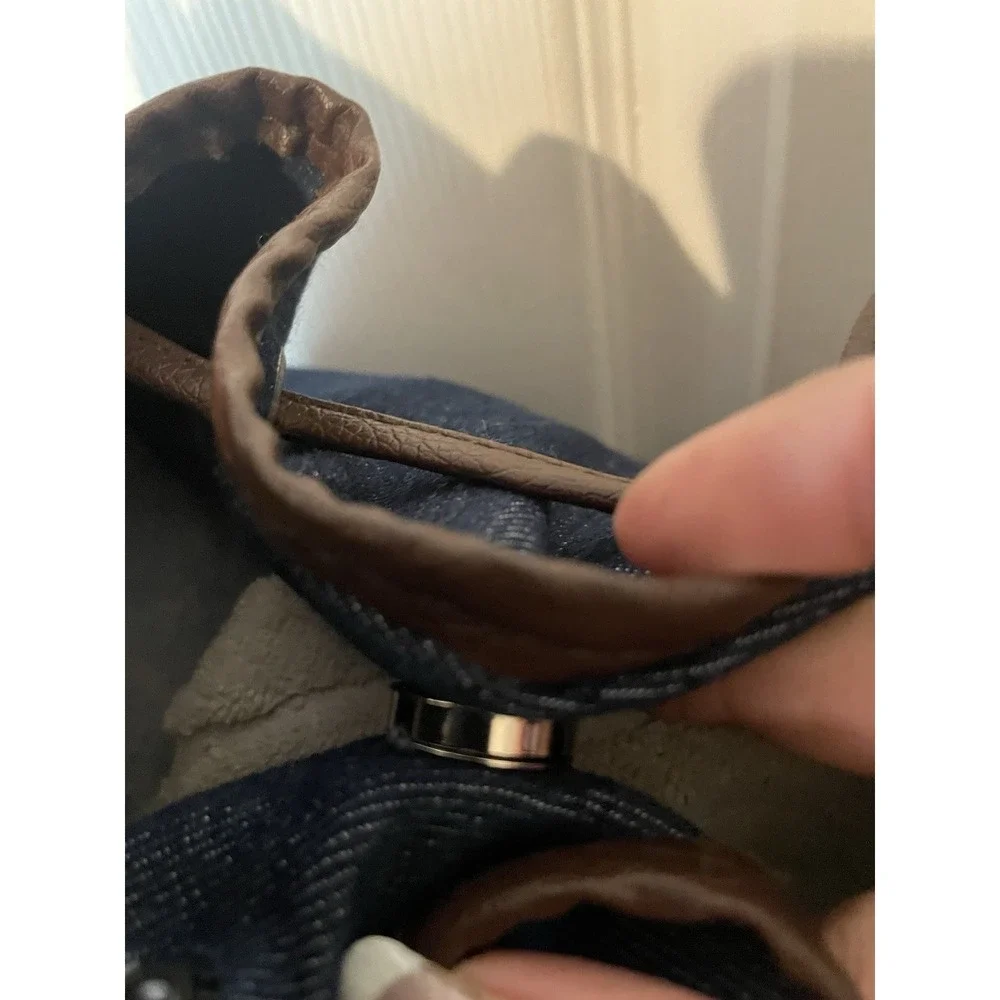 Gold‎ Coast Denim Bucket Bag Faux Leather Trim Studded Hobo Shoulder Crossbody